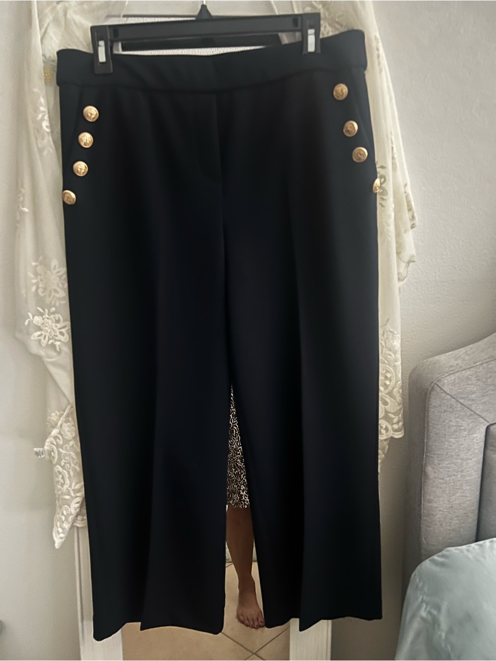 Jules & Leopold Navy Wide-Leg Pants with Gold-Tone Buttons